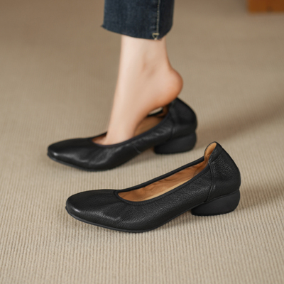 法式浅口低跟单鞋女真皮软皮软底奶奶鞋通勤舒适久站不累脚小皮鞋