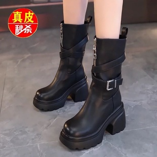断码品牌鞋小个子厚底中筒靴女英伦风马丁靴2025秋冬新款高跟靴子