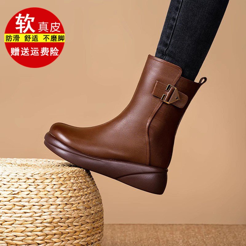 加绒加厚真皮棉靴女冬季新款松糕厚底皮毛一体中筒靴子防滑妈妈鞋