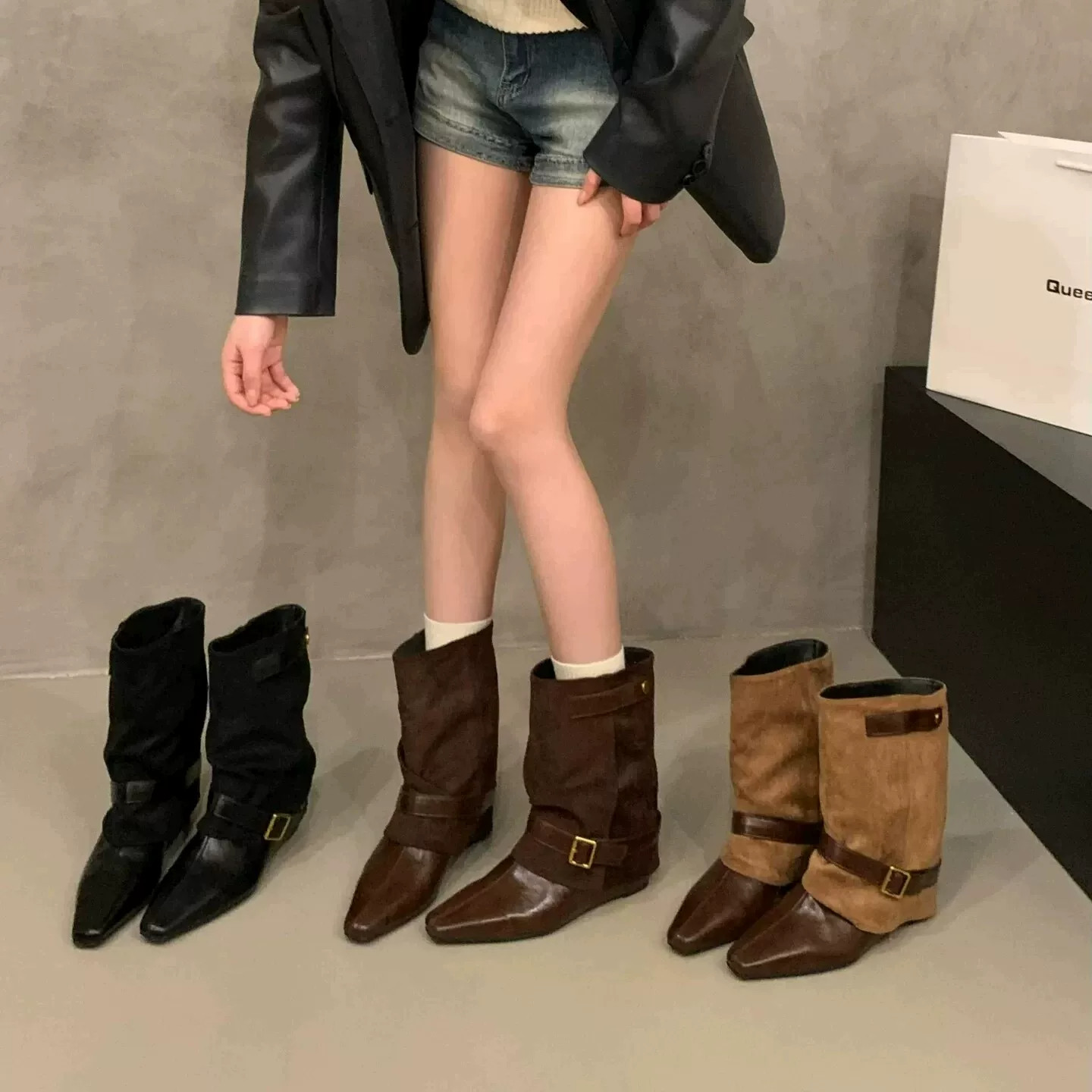 内增高尖头显瘦美拉德牛仔短靴