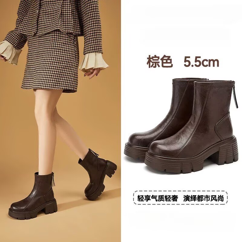 厚底马丁靴女2025新款秋冬季英伦风松糕真皮瘦瘦靴爆款加绒小短靴