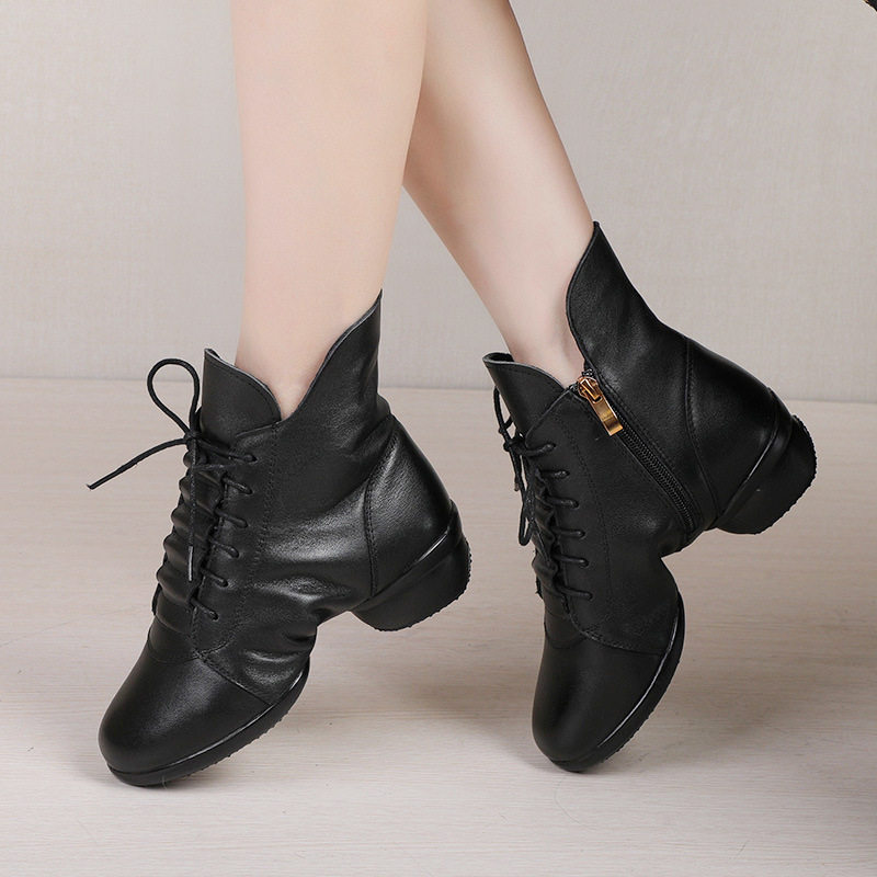 恰恰鱼跳舞女鞋新款牛皮水兵舞蹈靴软底秋冬季广场舞鞋真皮舞蹈鞋