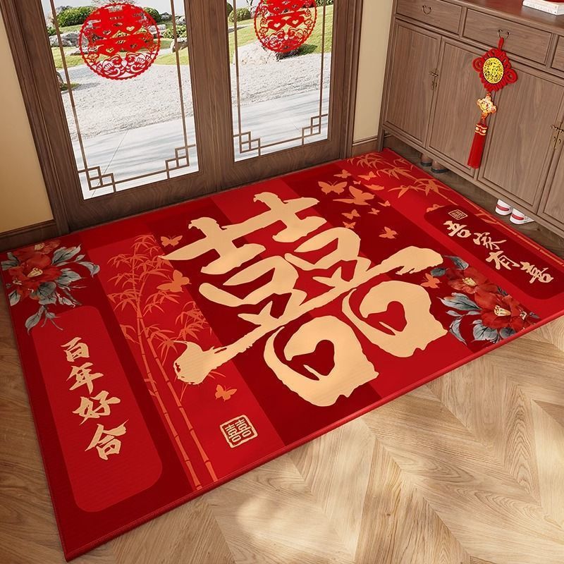 结婚红入户防滑除尘水晶绒门垫