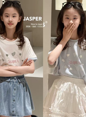 JASPER波拉韩国童装2026夏装女童短袖T恤中大童甜美上衣女孩半袖