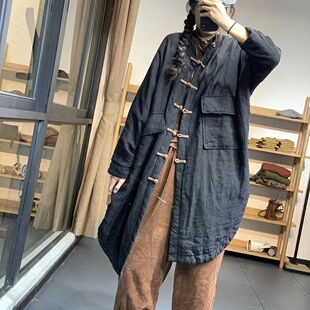 冬季新款原创文艺复古国风盘扣开衫棉服宽松休闲长款麻料夹棉外套