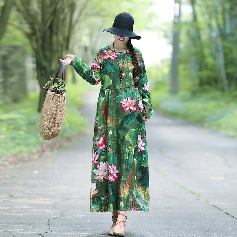 复古文艺民族风女装长袖棉麻连衣裙高个子过膝长裙气质时尚印花裙