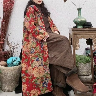 东北大花棉麻女冬复古民族风印花连帽中长款棉衣宽松夹棉保暖棉服