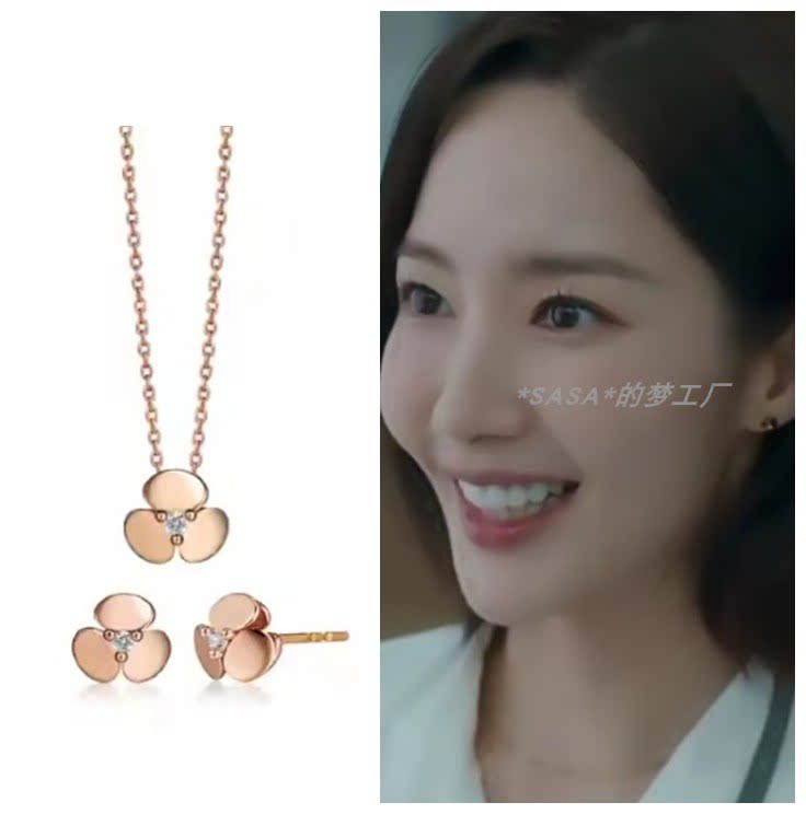 韩剧和我老公结婚吧朴敏英同款s925银耳环项链三叶花朵现货包邮