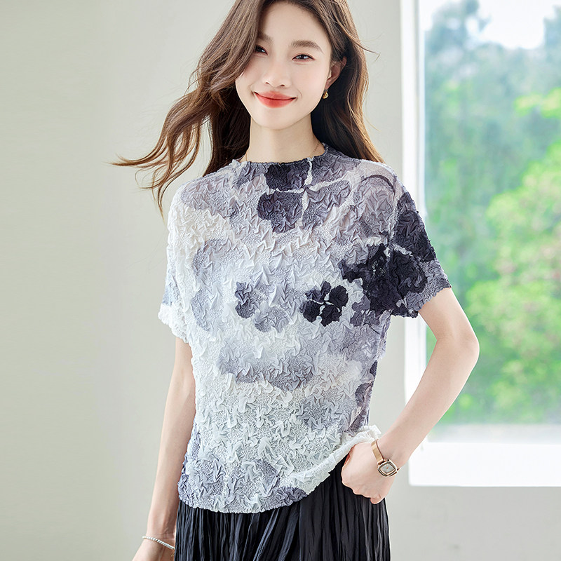 88185法式印花短袖上衣 国风水墨大花小衫 透气防嗮夏季蕾丝衫女