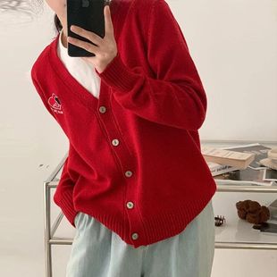 品瑟5555刺绣开衫 大红色短外套 秋冬毛衫 女装外披短款宽松外套