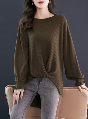 22901 宽松长袖上衣交八字个性圆领女装毛衣大码小众慵懒风打底衫