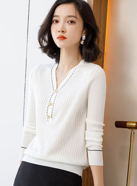 99609春夏百搭显瘦短款v领时尚洋气套头上衣春秋纯色通勤长袖打底