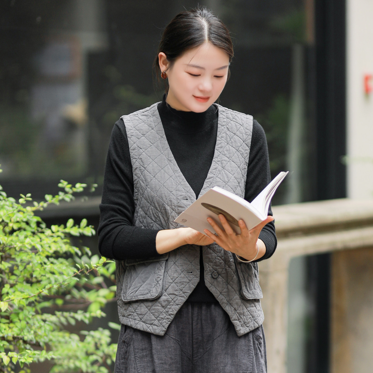 古石后原创布衣灰色棉马甲女外穿秋冬小个子叠穿内搭无袖夹棉背心