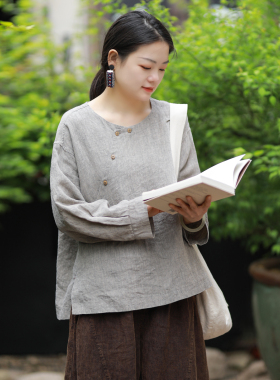 古石后原创长袖衬衫上衣女汉麻圆领偏襟设计感春装宽松灰色衬衣