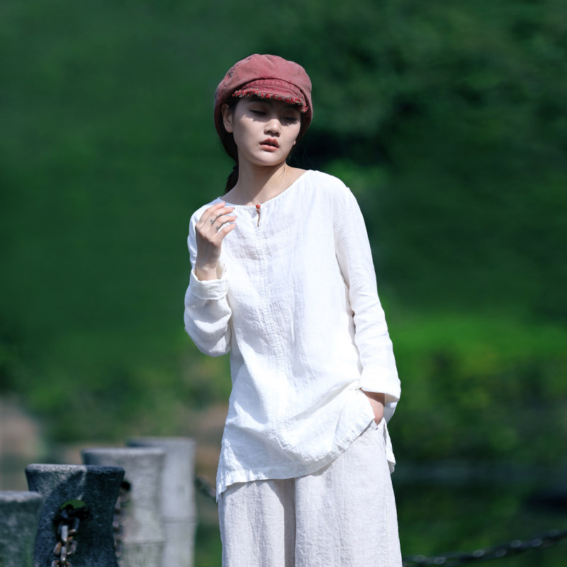古石后原创布衣白色衬衫女春夏亚麻圆领长袖内搭上衣宽松套头小衫