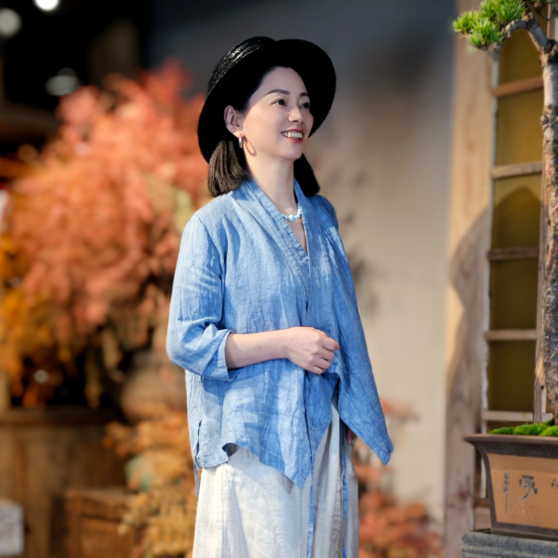 古石后原创布衣中式上衣女夏季亚麻复古交领系带衬衫改良汉服茶服