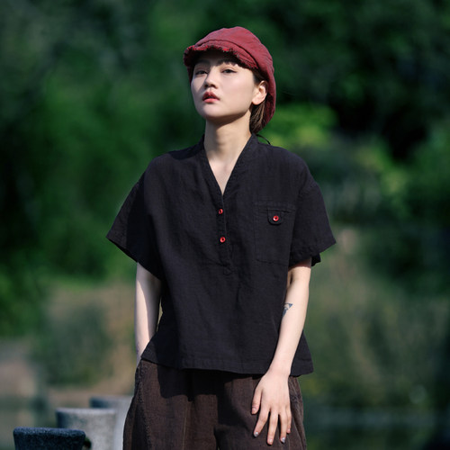 古石后夏季亚麻休闲套头短袖衬衫