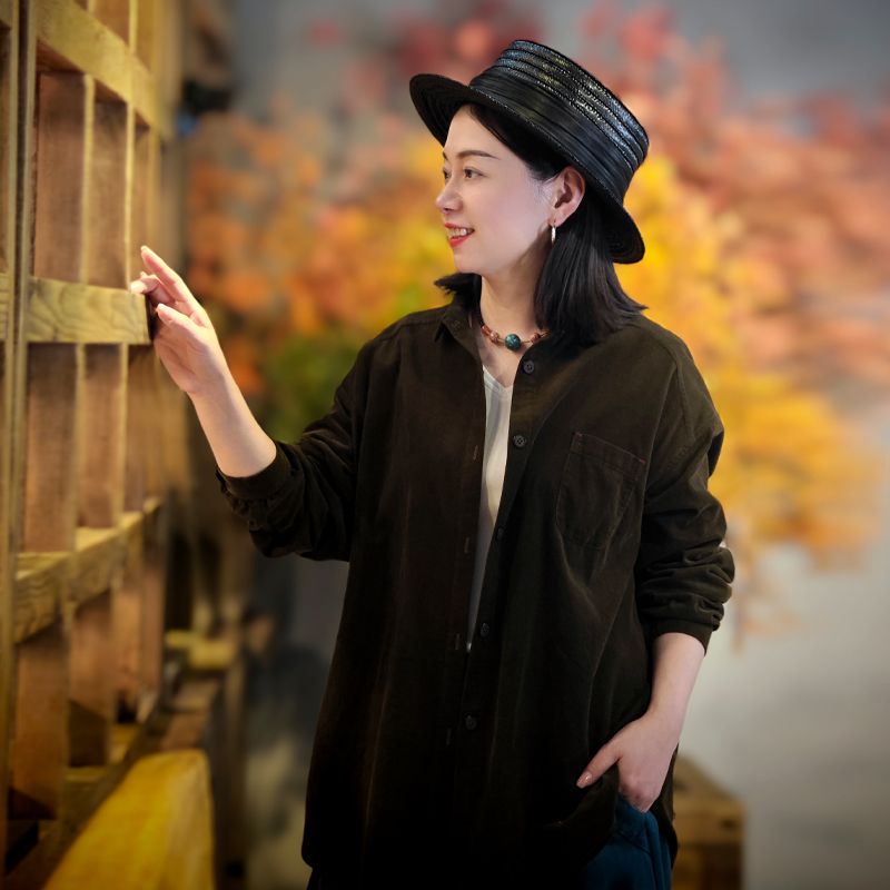 古石后原创布衣长袖衬衫女春秋款纯棉开衫外套灯芯绒翻领宽松上衣