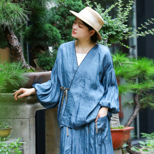 古石后原创新中式薄款衬衫外套女夏高端柞蚕丝设计感灯笼袖上衣