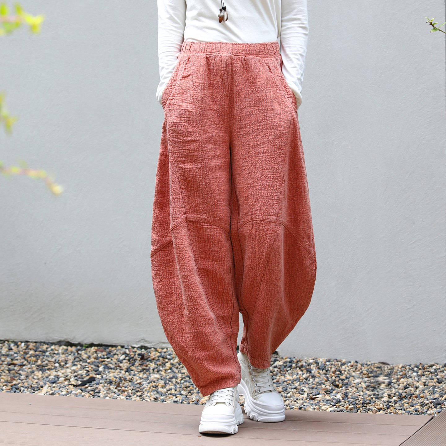 古石后肌理感棉麻春秋宽松灯笼裤