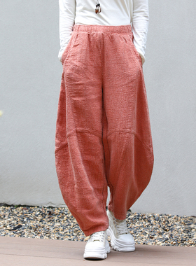 古石后原创布衣亚麻裤子女春秋肌理感宽松阔腿裤休闲裤棉麻灯笼裤