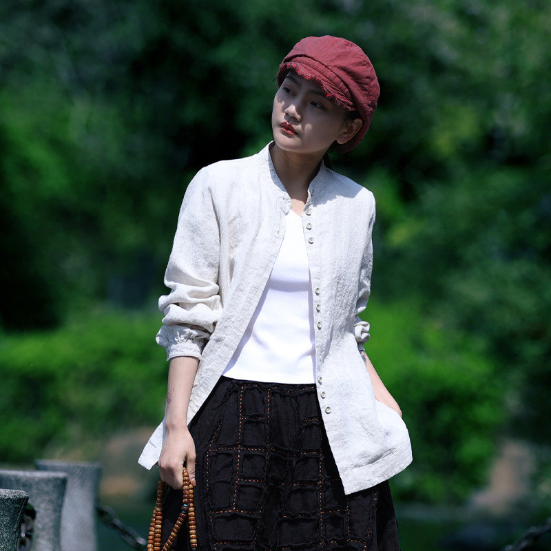 古石后休闲单排扣长袖亚麻衬衫