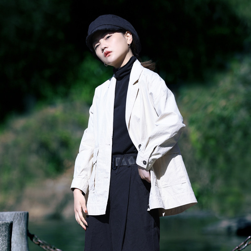 古石后原创布衣春秋外套女棉麻宽松休闲工装风土白色小个子西装