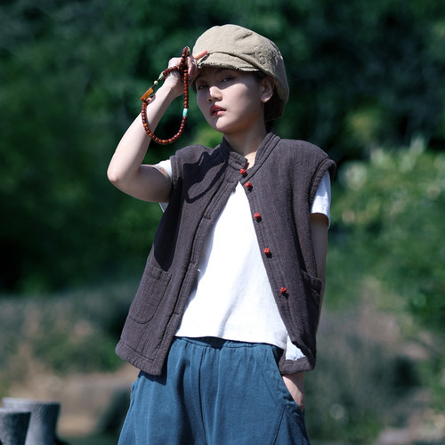 古石后复古棉麻中式对襟薄棉马甲