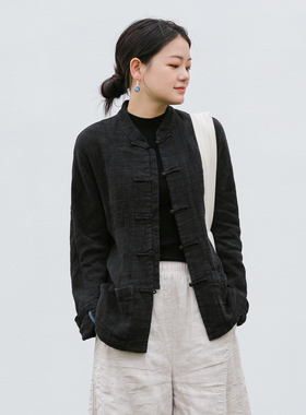 古石后原创布衣衬衫外套女春秋厚款亚麻直筒显瘦黑色中式改良唐装