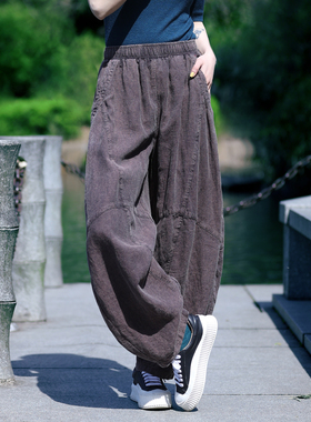 古石后原创布衣阔腿裤女做旧亚麻宽松垂感灯笼裤打坐禅修太极裤子