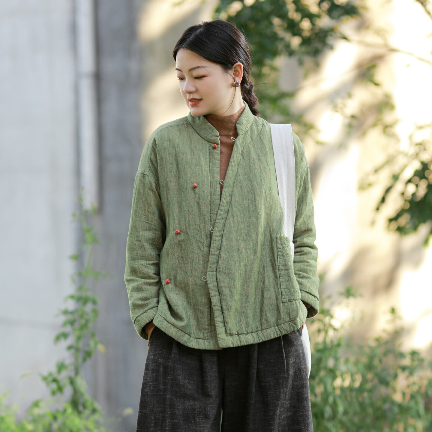 古石后新中式精致偏襟绿色小棉袄