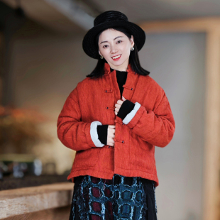 古石后原创布衣棉服女冬季 对襟宽松保暖棉袄外套 亚麻橘红复古中式