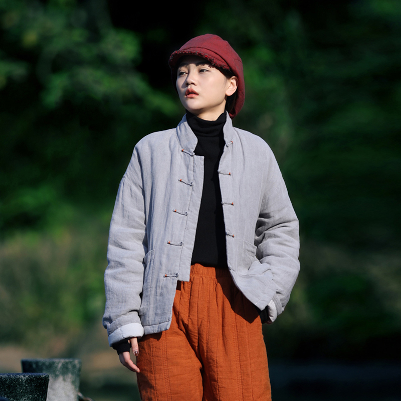古石后亚麻复古中式宽松棉服外套