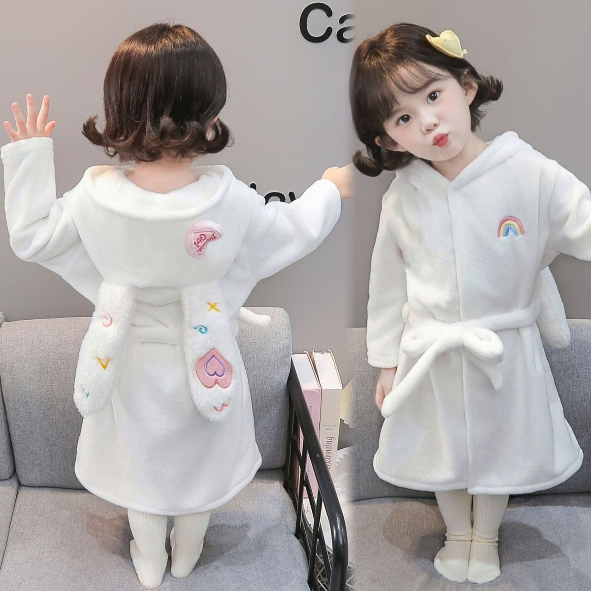 女童秋冬季法兰绒家居袍女宝宝连帽珊瑚绒睡袍小女孩保暖卡通睡衣