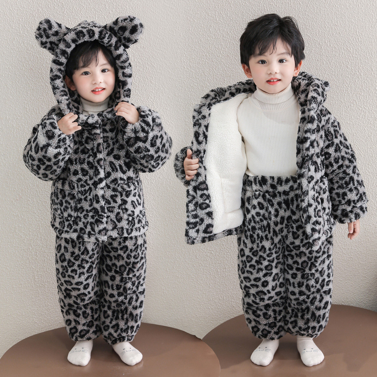 儿童豹纹珊瑚绒三层夹棉家居服套装男女童加绒加厚保暖睡衣两件套,童装/婴儿装/亲子装,家居服套装,淘宝优惠券,粉丝福利购,淘宝优惠卷