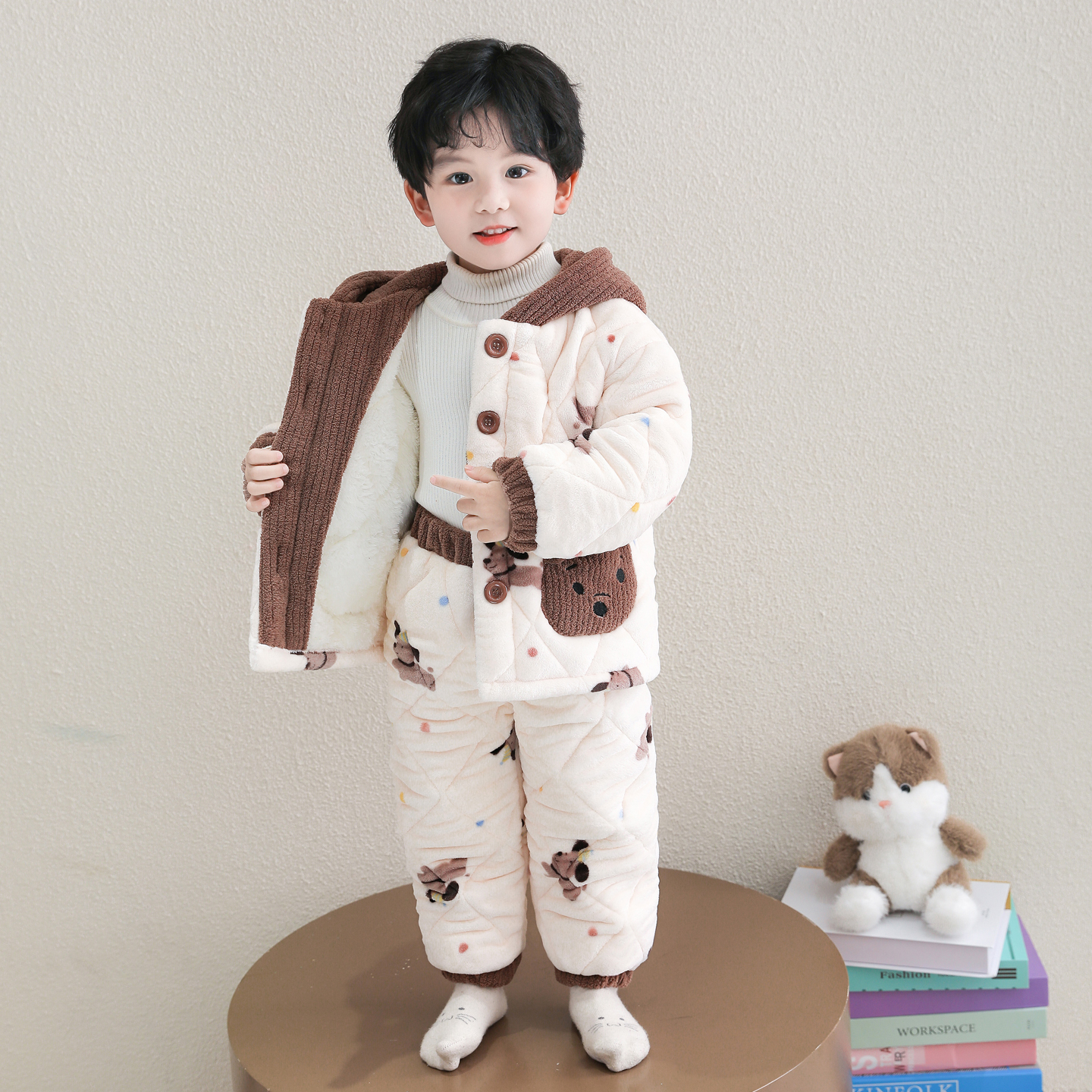 男童睡衣三层夹棉加厚珊瑚绒保暖宝宝儿童家居服法兰绒男孩套装