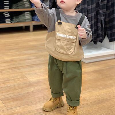 儿童春秋款男童假两件长袖背带衫