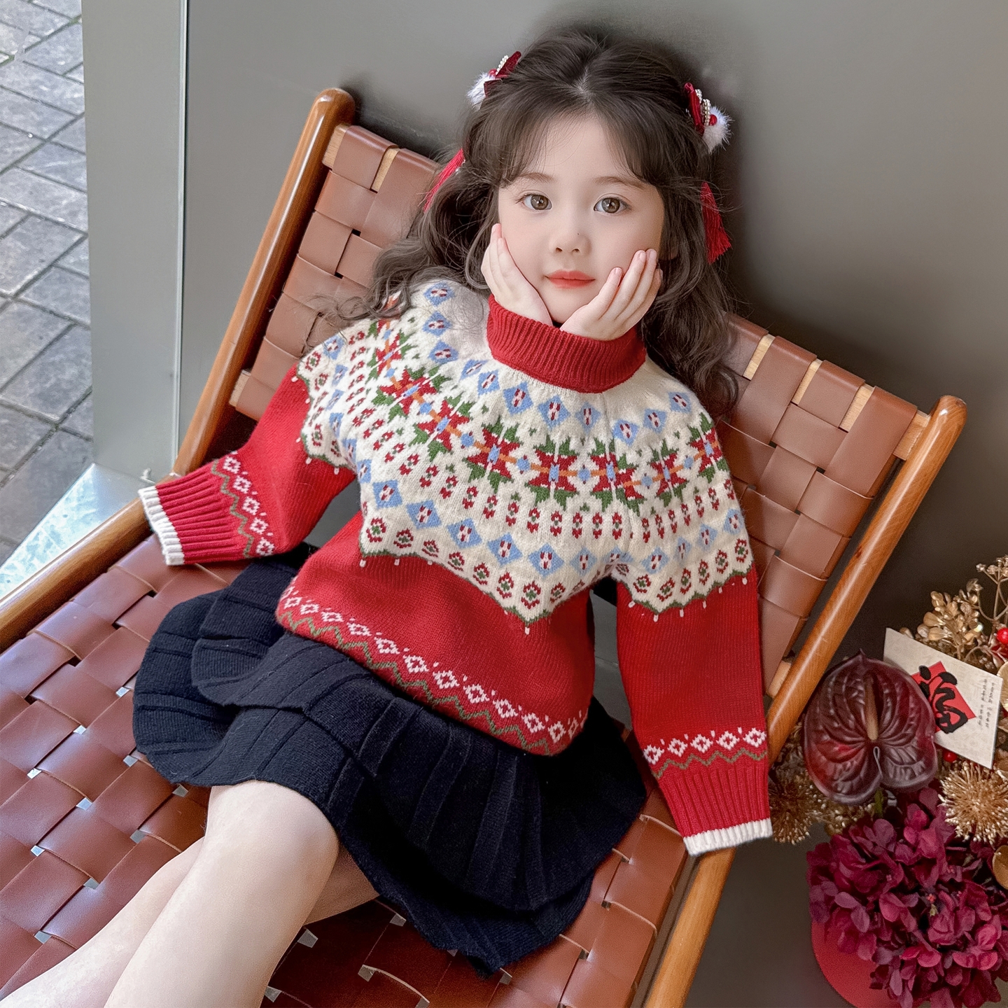 幼儿园圣诞节红色毛衣新年毛衫女童2025秋冬加厚百搭针织衫拜年服