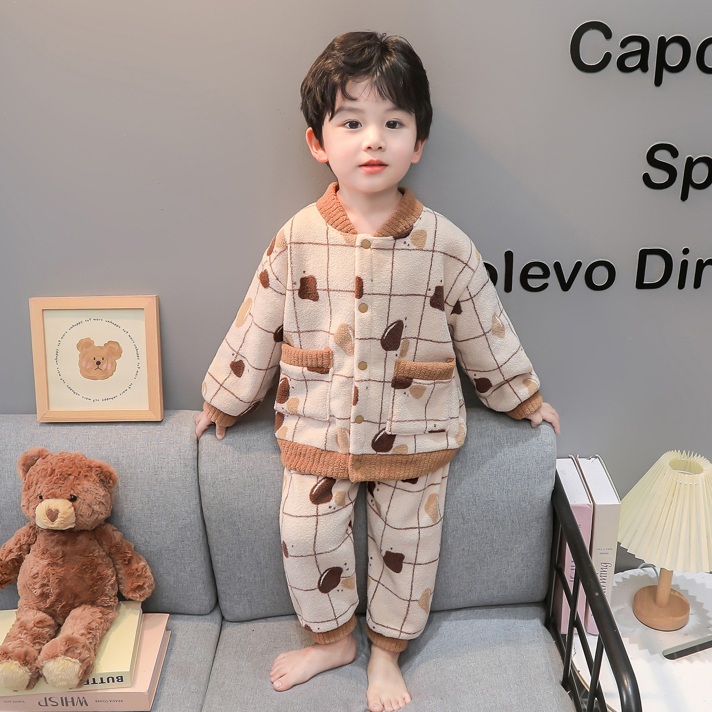 男童格子睡衣新款秋冬装法兰绒睡衣儿童加绒加厚睡衣家居服套装