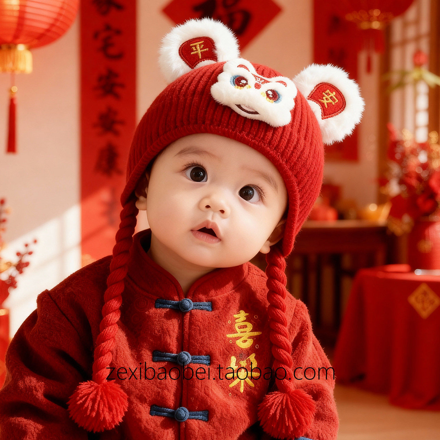 新年拜年婴儿护耳帽男女宝红色保暖冬季针织毛线帽子宝宝过年喜庆