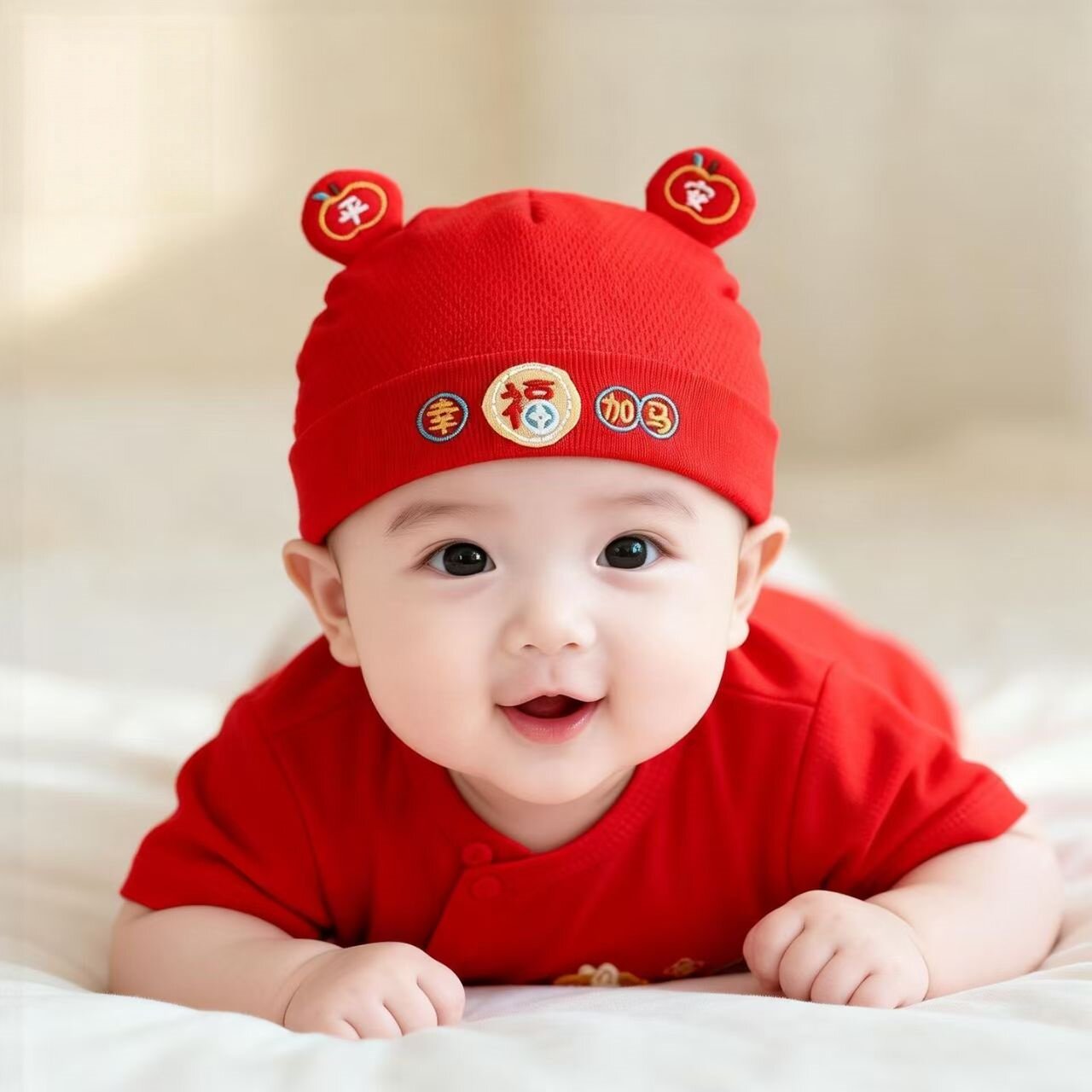 婴儿帽子春秋季薄款新生宝宝红色