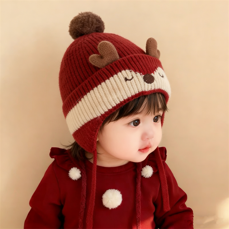 新年红色宝宝帽子秋冬季男女童保暖针织护耳帽加厚婴儿冬天毛线帽