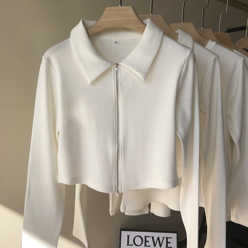 POLO NECK DOUBLE ZIPPER T-SHIRT WOMENS 2023 NEW SPRING HIGH WAIST LONG SLEEVE WEAR T-SHIRT THREADED CROP TOP TIDE