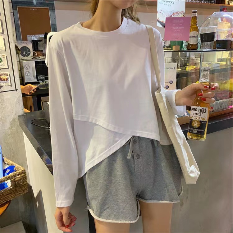长袖t恤女交叉圆领内搭打底衫
