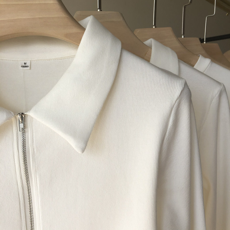 POLO NECK DOUBLE ZIPPER T-SHIRT WOMENS 2023 NEW SPRING HIGH WAIST LONG SLEEVE WEAR T-SHIRT THREADED CROP TOP TIDE