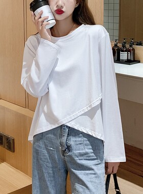 白色棉质长袖T恤女ins超火宽松春秋内搭小众基础百搭显瘦打底衫潮