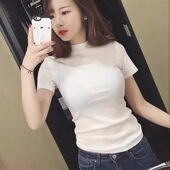 体恤洋气上衣夏季 棉质舒适修身 白色t恤女夏2025年新款 半高领短袖