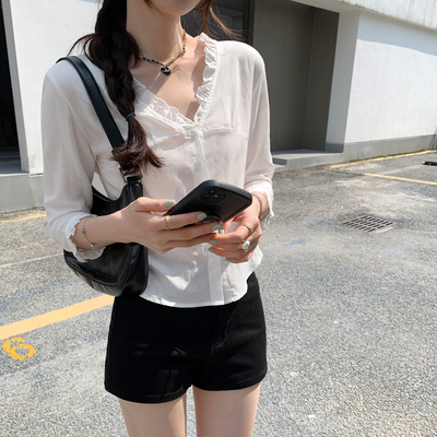 实拍图法式独特精致木耳边V领长袖衬衫女夏季薄款轻奢高级感上衣