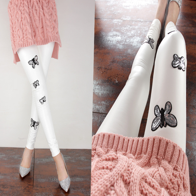 秋冬加绒白色皮裤手工蝴蝶pu皮薄绒紧身打底裤潮小脚裤大码长裤女