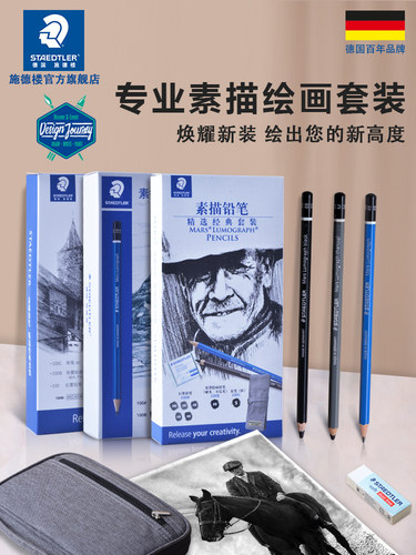 施德楼旗舰店素描套装100SET5套装蓝黑杆碳笔软碳可塑橡皮 素描绘